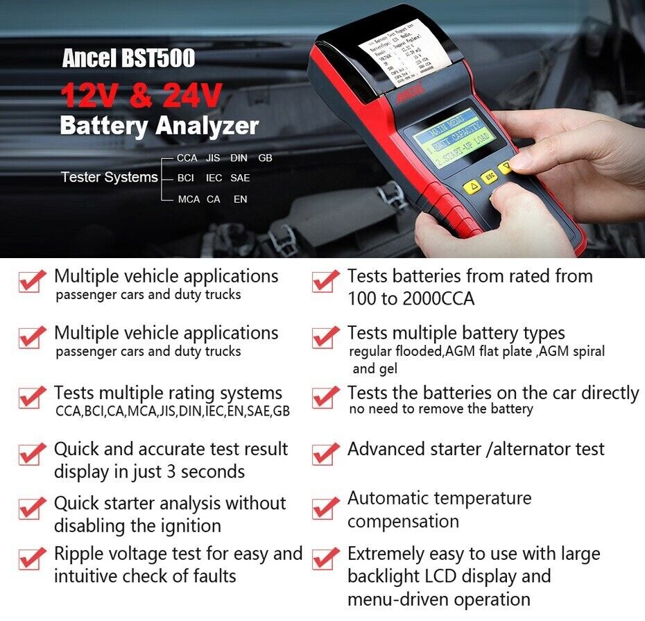 Ancel BST500 12/24V Car Battery Analyzer Tester Thermal Printer Diagnostic Tool