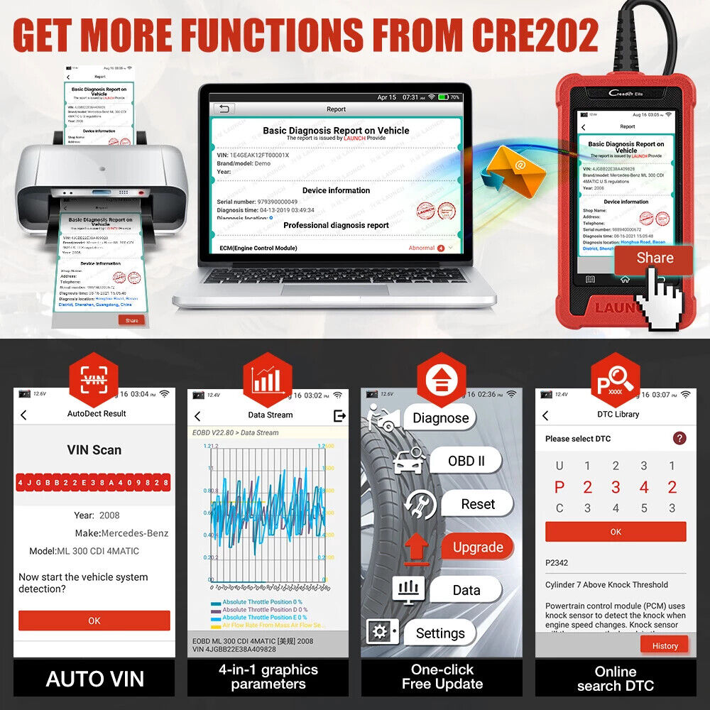 LAUNCH X431 Elite CRE202 Automotive OBD2 Diagnostic Tool with Full System Scan & Code Reading