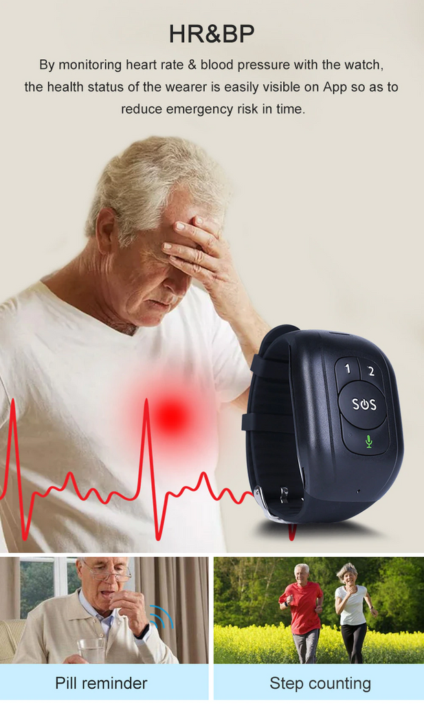4G GPS Elderly/Senior Smart Bracelet Watch Tracker Blood Pressure
