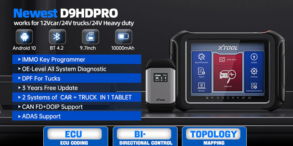XTOOL D9HD PRO Diagnostic Scanner Tool For 12V Car 24V Truck ECU Coding Diesel Heavy Duty