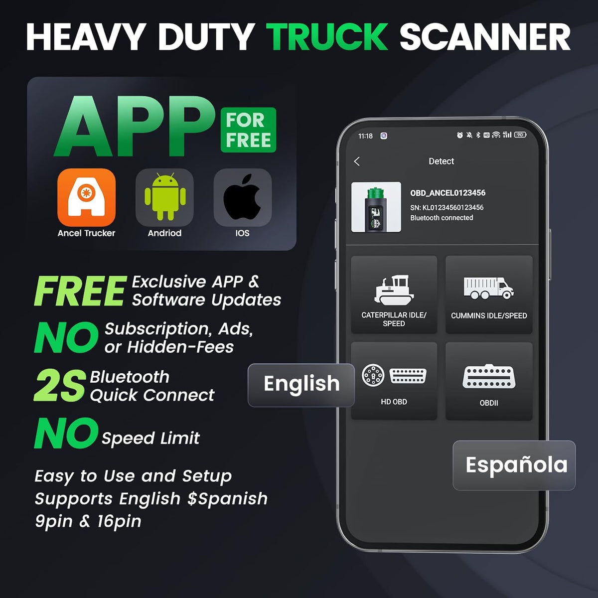 ANCEL HD200 Truck Scanner Bluetooth Tool for Cummins CAT OBD2 Speed Reset Code