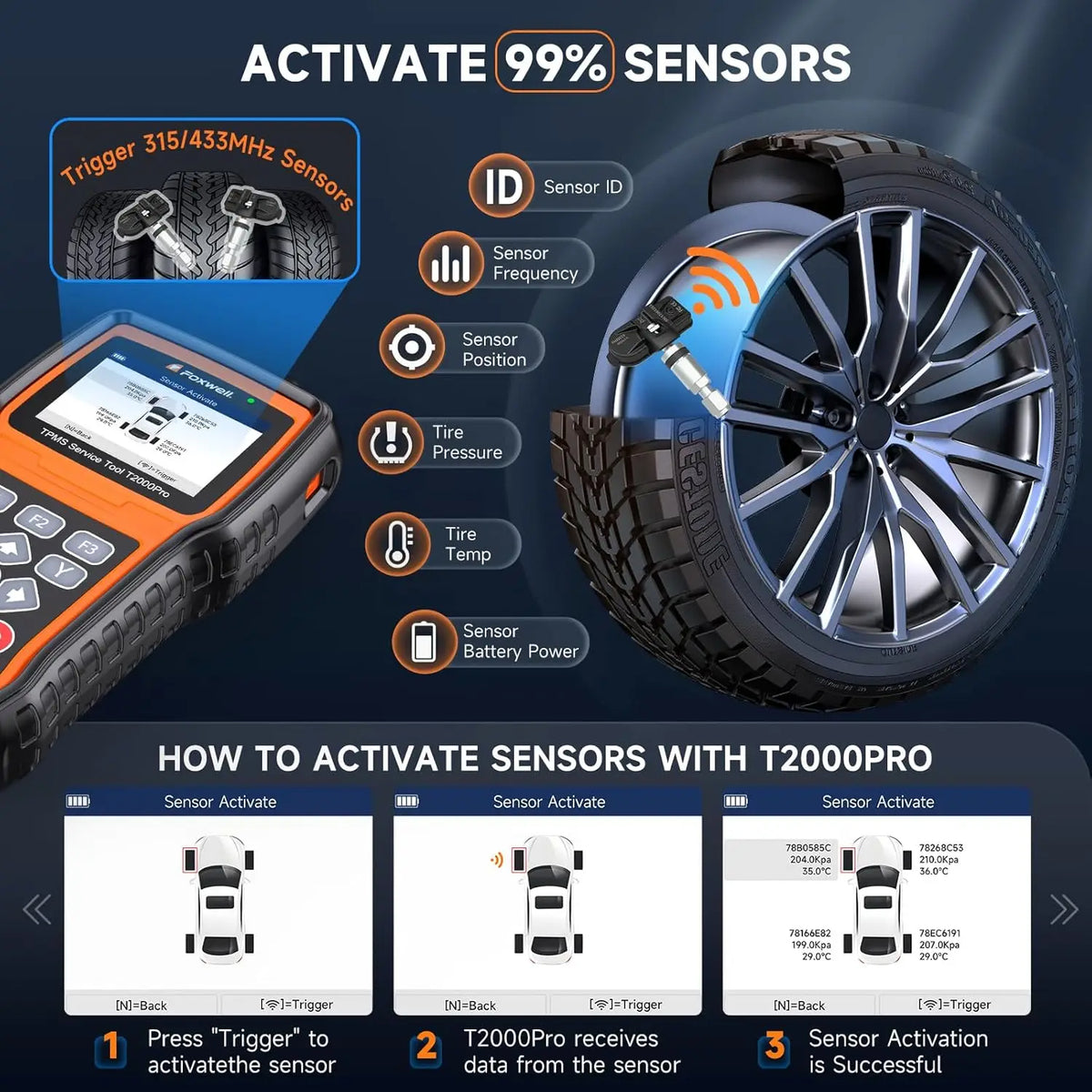 FOXWELL T2000 PRO Auto Tire Pressure TPMS Relearn Activate Sensors Diagnostic Tool