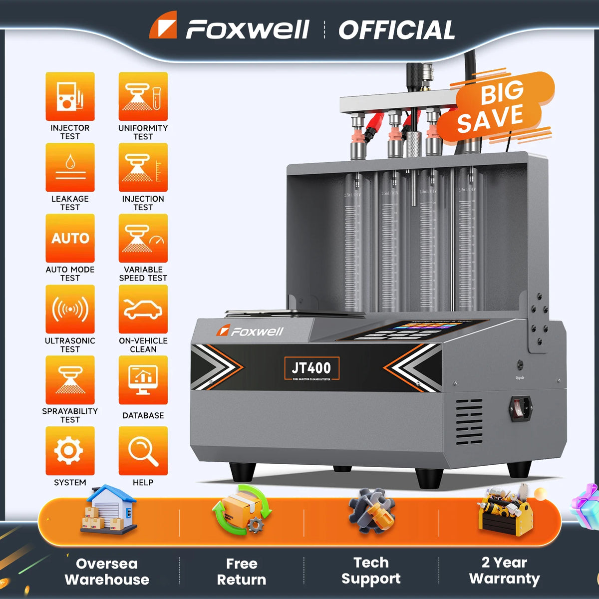 Foxwell JT400 GDI/EFI/FSI Fuel Injector Cleaner Machine – 4-Cylinder Heated Ultrasonic Tester