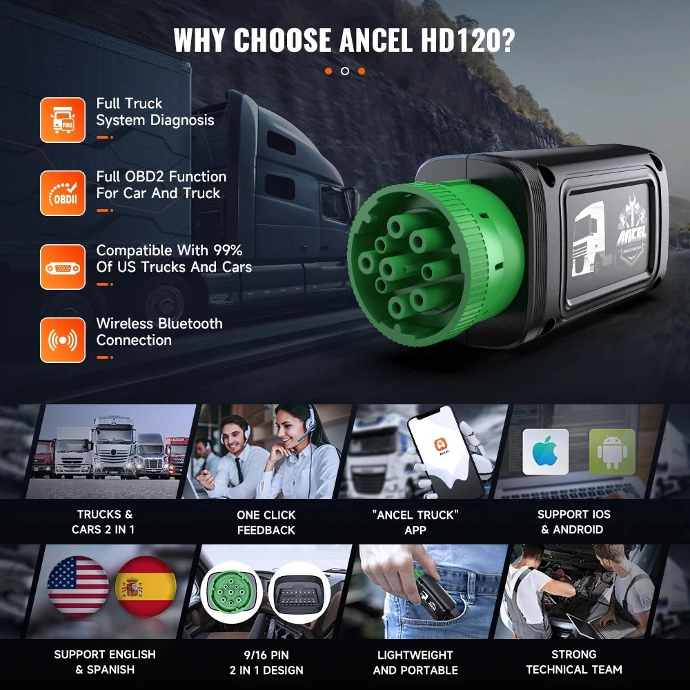 ANCEL HD120 Heavy Duty Truck Scanner Bluetooth DPF Regen Tool for Volvo & Intl
