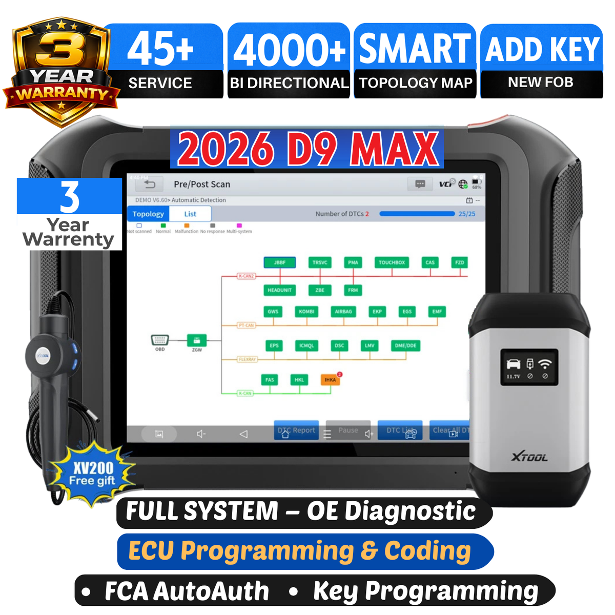 XTOOL D9 MAX Bluetooth Car Diagnostic Full System Scanner OE Level ECU Coding