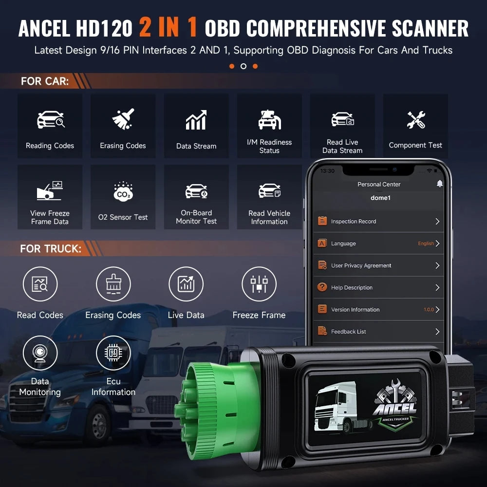 ANCEL HD120 Heavy Duty Truck Scanner Bluetooth DPF Regen Tool for Volvo & Intl