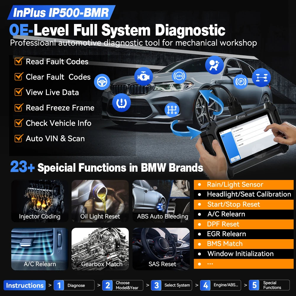 XTOOL IP500 For BMW OBD2 Scanner ECU Coding 23+ Services Bidirectional Auto Scanner
