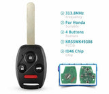 313.8 Mhz KR55WK49308 Remote Key Replacement Uncut Fits Honda Accord 2008-2012