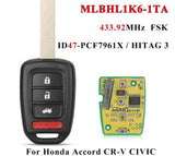 Fits Honda ID47 433Mhz PCF7961X Complete Transponder Remote Key