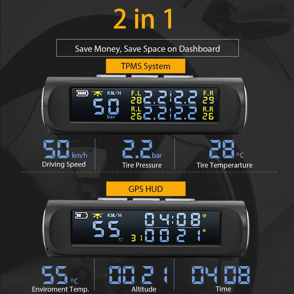 Newest 2 in 1 Car HUD GPS Speedometer + TPMS Tyre Pressure Monitoring System