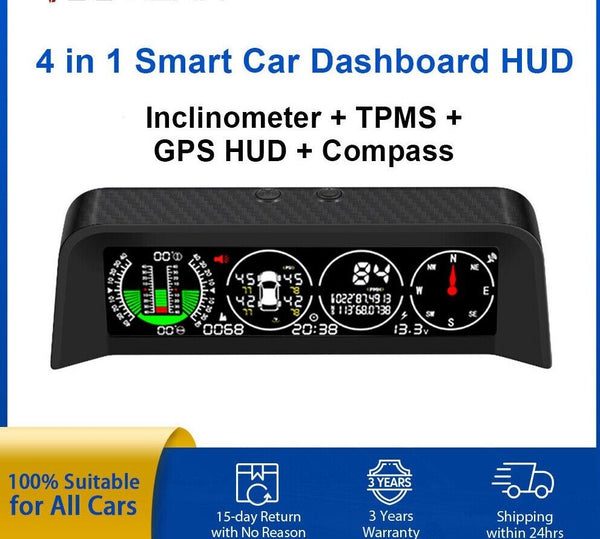 New 4 in 1 GPS HUD TPMS Tire Monitor Inclinometer Gague Offroad Speedometer
