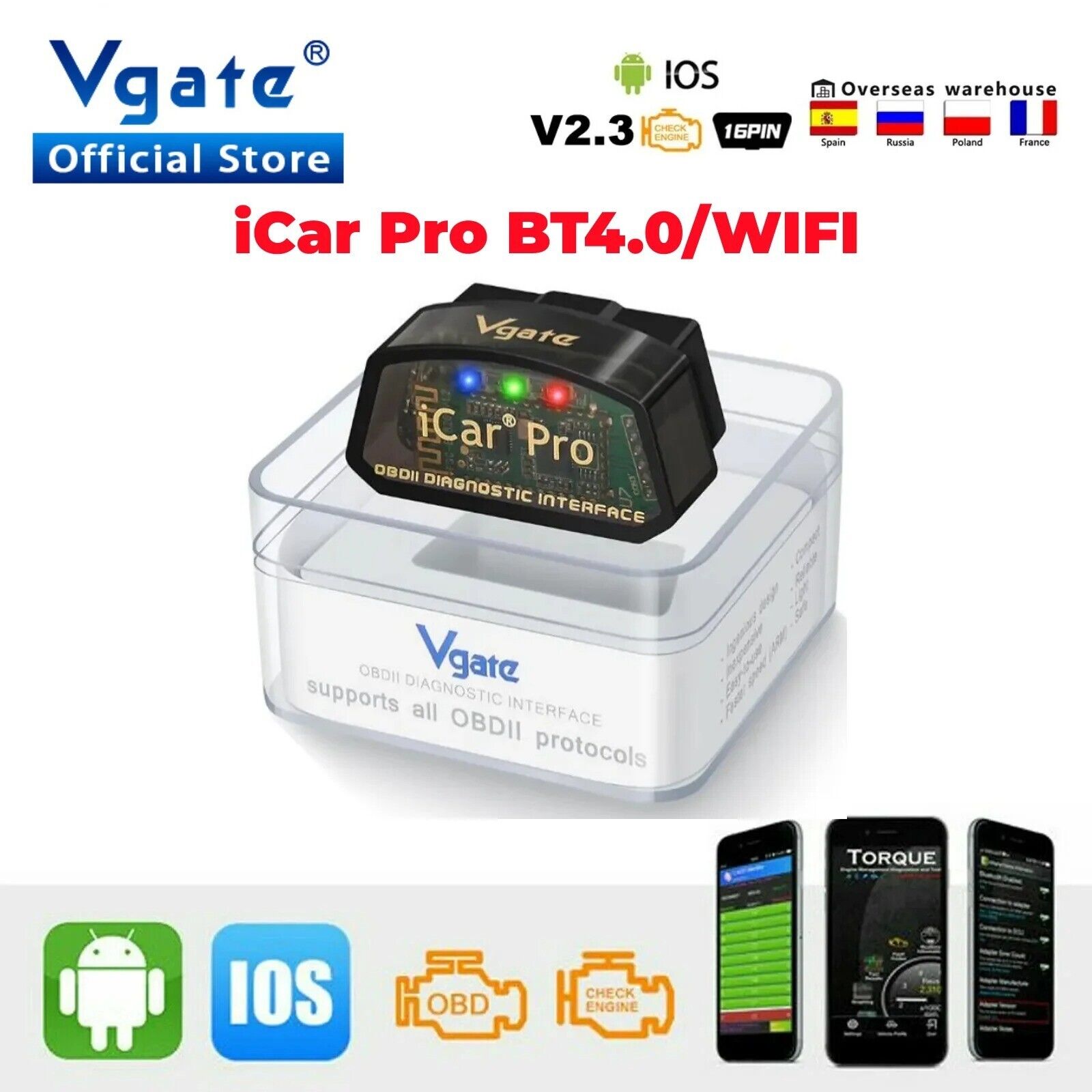 Vgate iCar Pro ELM327 WIFI OBD2 Scanner For IOS/Android Bluetooth 4.0 ElM Secondary image