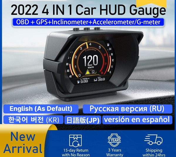 Latest V63 Plus OBD HUD GPS Speed Inclinometer G-meter 4 in 1 HUD Gauge Car