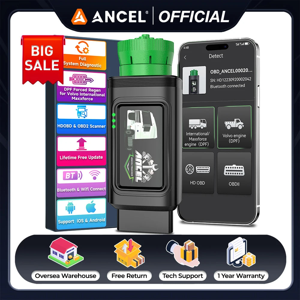 ANCEL HD120 Heavy Duty Truck Scanner Bluetooth DPF Regen Tool for Volvo & Intl