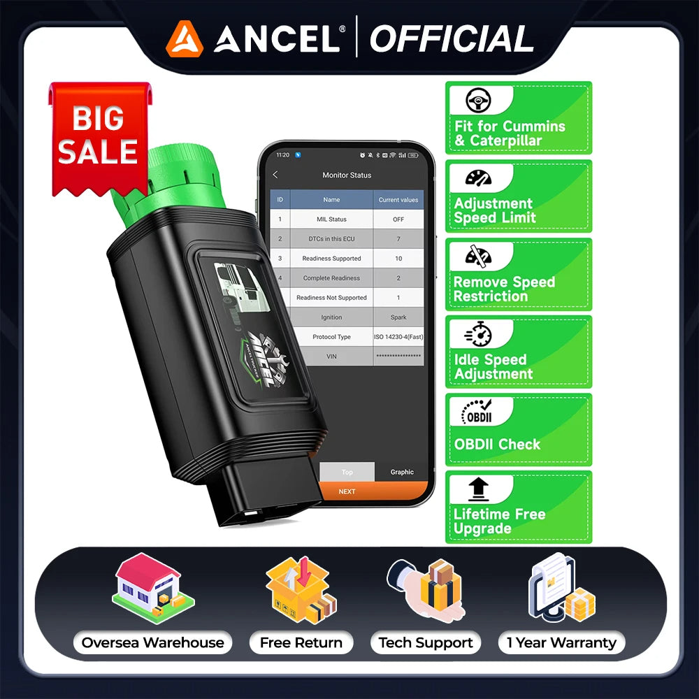 ANCEL HD200 Truck Scanner Bluetooth Tool for Cummins CAT OBD2 Speed Reset Code