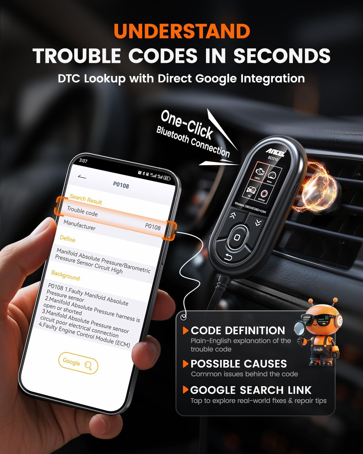 Ancel BD310 OBD2 Auto OBD Scan Tool Digital Gauge & Car Trip Computer For iPHONE