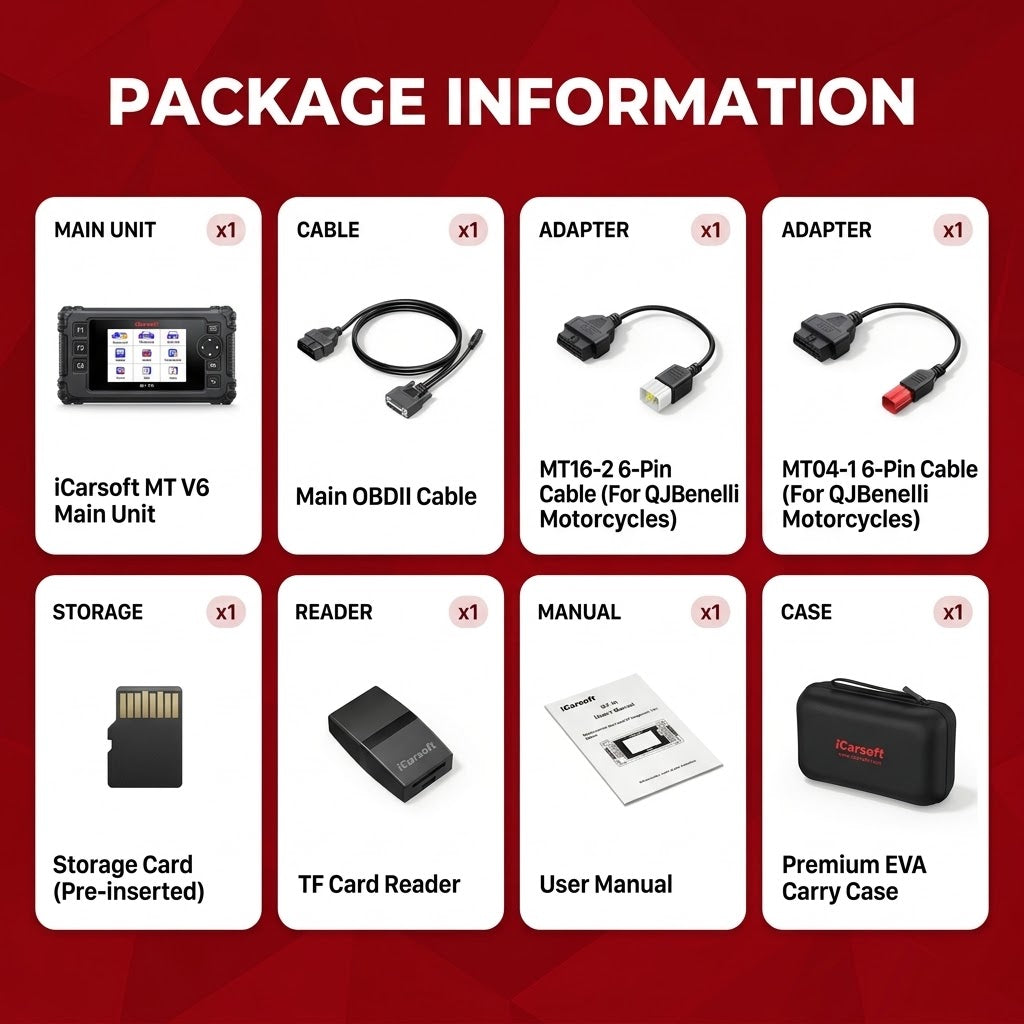 iCarsoft QJ Benelli Motorcycle OBD2 Scanner ECU ABS Engine Coil Fuel Sensor
