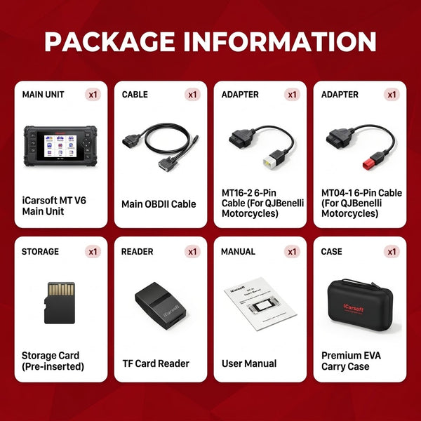 iCarsoft QJ Benelli Motorcycle OBD2 Scanner ECU ABS Engine Coil Fuel Sensor