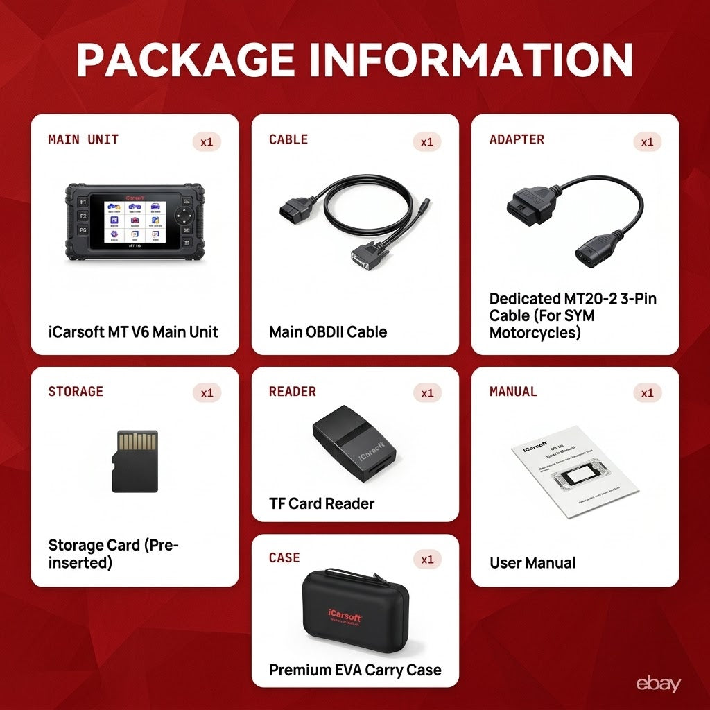 iCarsoft MT V6 SYM Motorcycle ECU ABS Engine O2 EVAP OBD2 Mode 6,8 Emission Scan