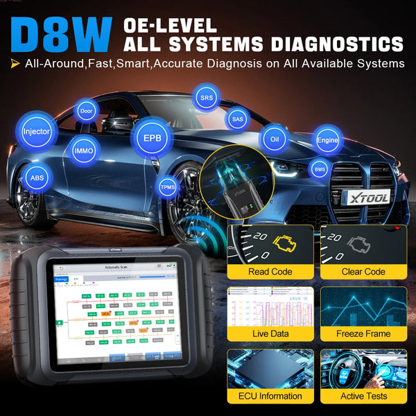 XTOOL D8W WIFI OBD2 Car Diagnostic Tools ECU Online Coding Bi-directional Control Key Programming 38 Resets CAN FD DOIP