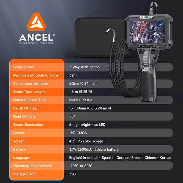 ANCEL AN301 Automotive Endoscope Camera IP67 Waterproof 2 Way Steering Borescope