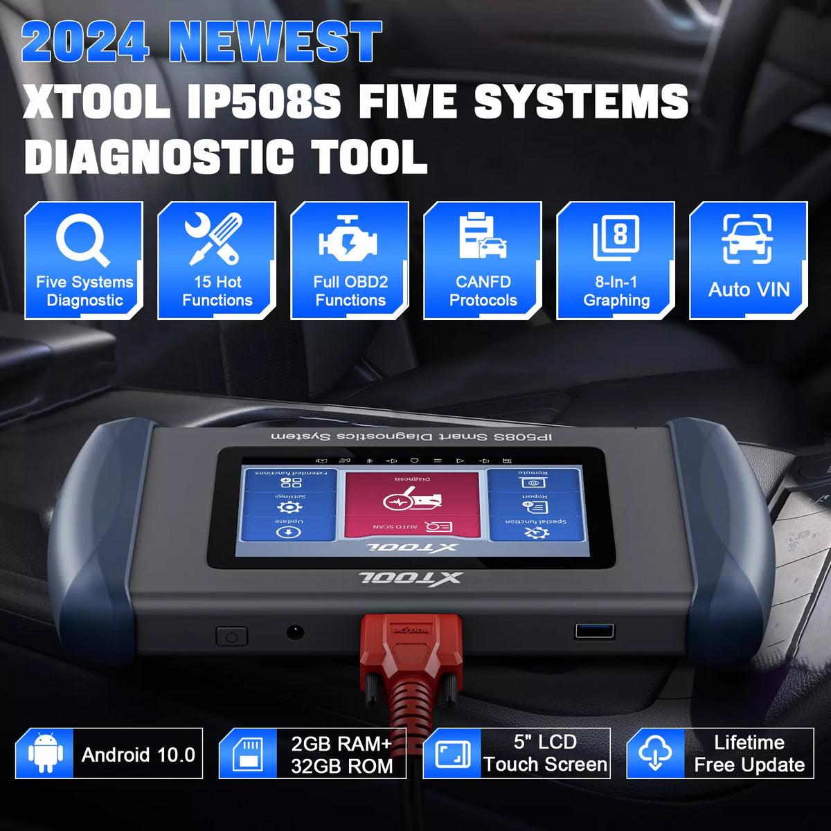 XTOOL InPlus IP508S OBD2 Scanner for ABS SRS Engine Transmission 9 Services Car