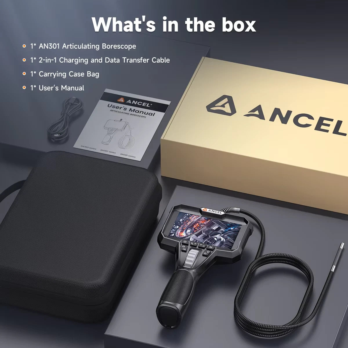 ANCEL AN301 Automotive Endoscope Camera IP67 Waterproof 2 Way Steering Borescope
