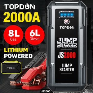 TOPDON 2000A Portable Jump Starter 12V Car Battery Heavy Duty High Booster JS2000