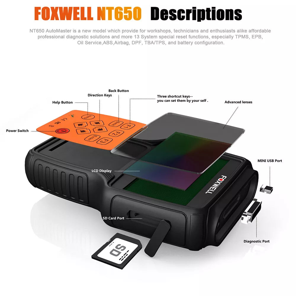 FOXWELL NT650 OBD2 Diagnostic Scanner SAS EPB DPF Injector Oil Reset Scan Tool