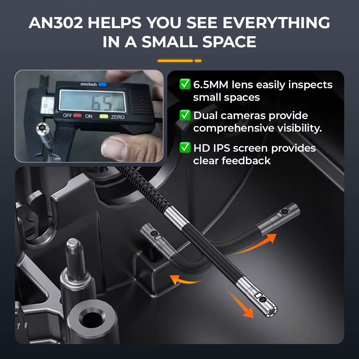 ANCEL AN302 Dual Lens Industrial Endoscope Camera 4 3 Inch Automotive Inspection