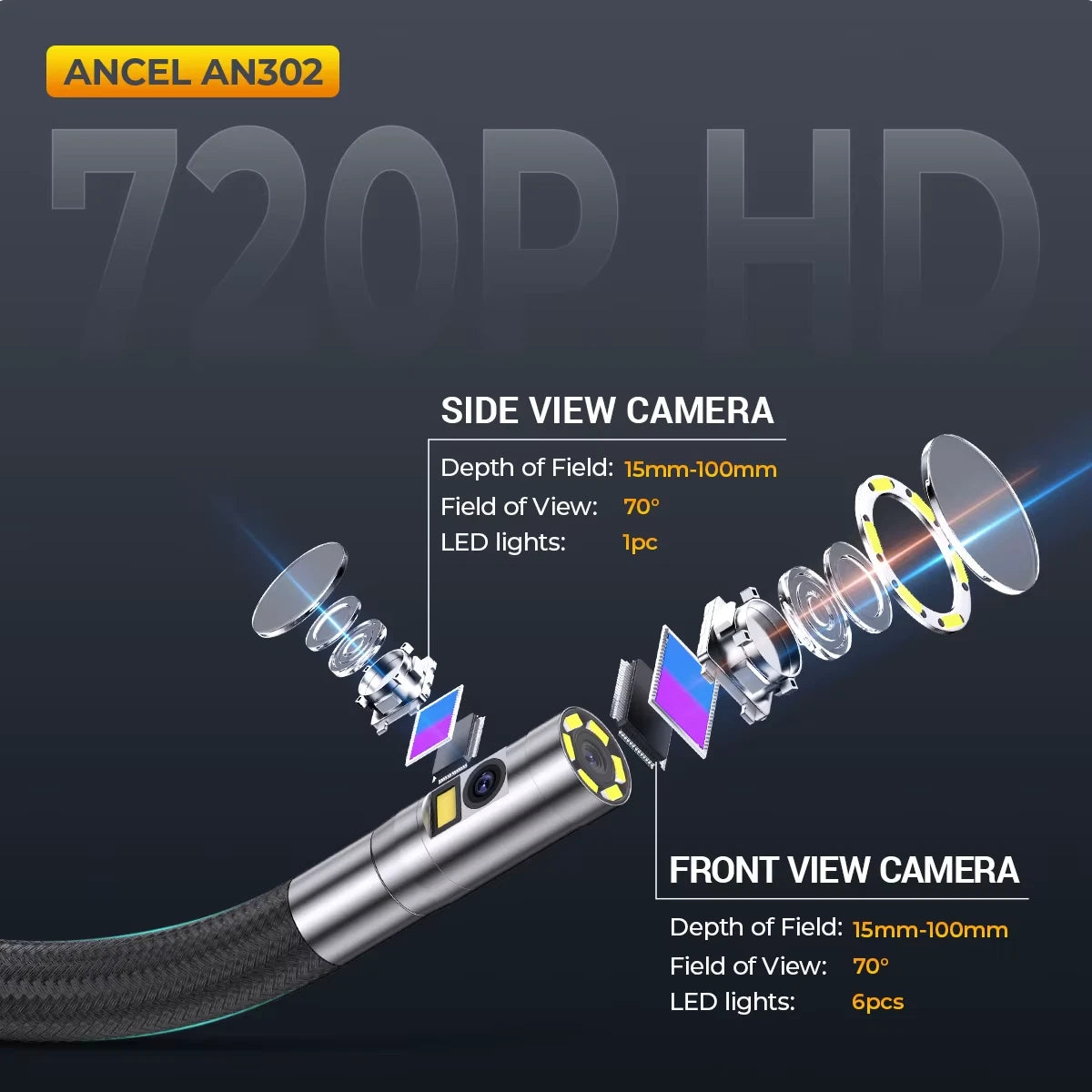 ANCEL AN302 Dual Lens Industrial Endoscope Camera 4 3 Inch Automotive Inspection