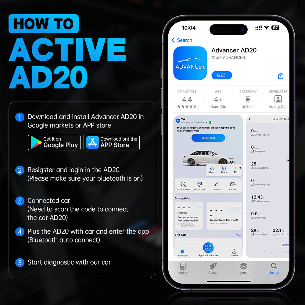 AD20 Car Engine Diagnostic Tools OBD2 ELM327/AD10 Code Reader Scanner - Auto Lines Australia