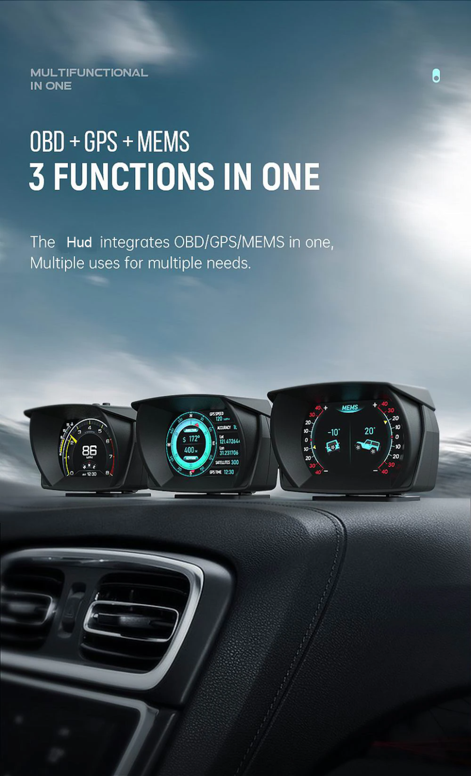 V61 Car On-board Computer 3 IN 1 HUD OBD2 Gauge GPS Speedometer Inclinometer Main image