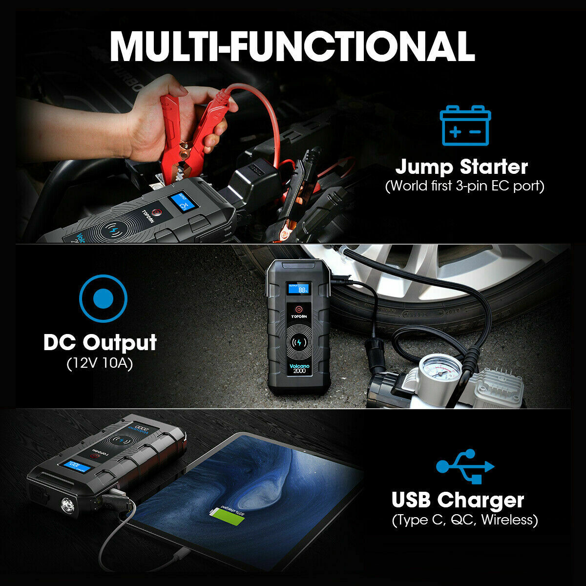 Portable Emergency Car Jump Starter Kit 12V 2000A Peak 20800mAh Battery Charger