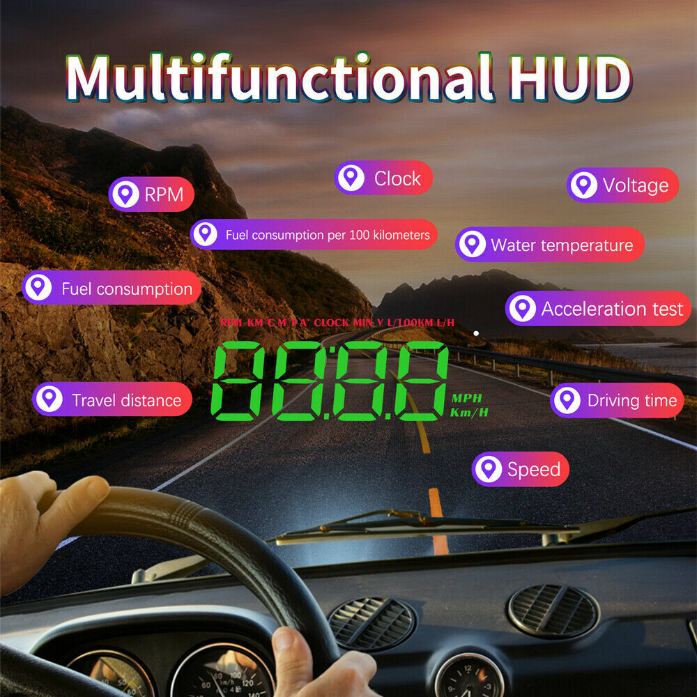 D Car HUD Head Up Display MPH/KM/h RPM Temp Speed Limit Alarm Digital Projector