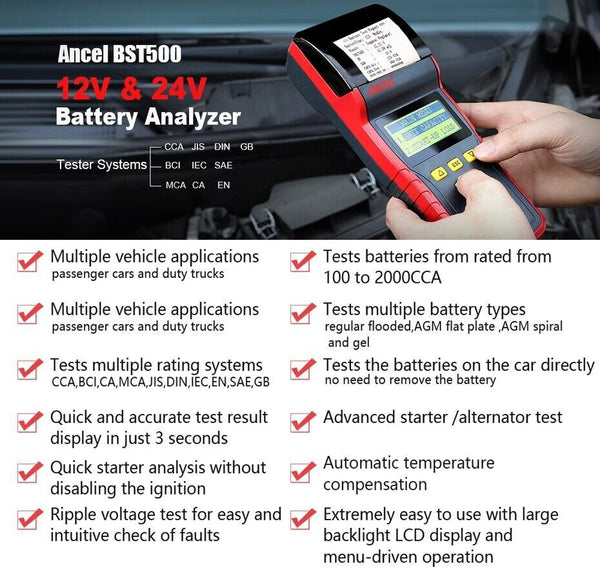 Ancel BST500 12/24V Car Battery Analyzer Tester Thermal Printer Diagnostic Tool