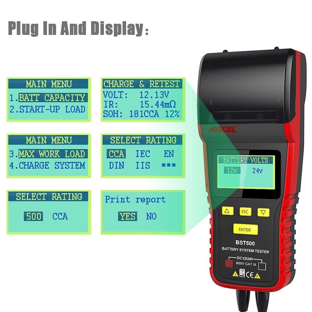 Ancel BST500 12/24V Car Battery Analyzer Tester Thermal Printer Diagnostic Tool