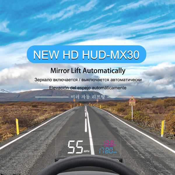 2023 Update Auto-Lift Mirror HUD MX30 Pro Large & Clear Font RPM Speed Projector