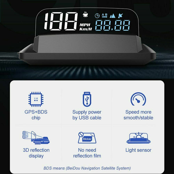 GPS HUD Speedometer Digital Heads Up Display Car Speed Warning Plug & Play