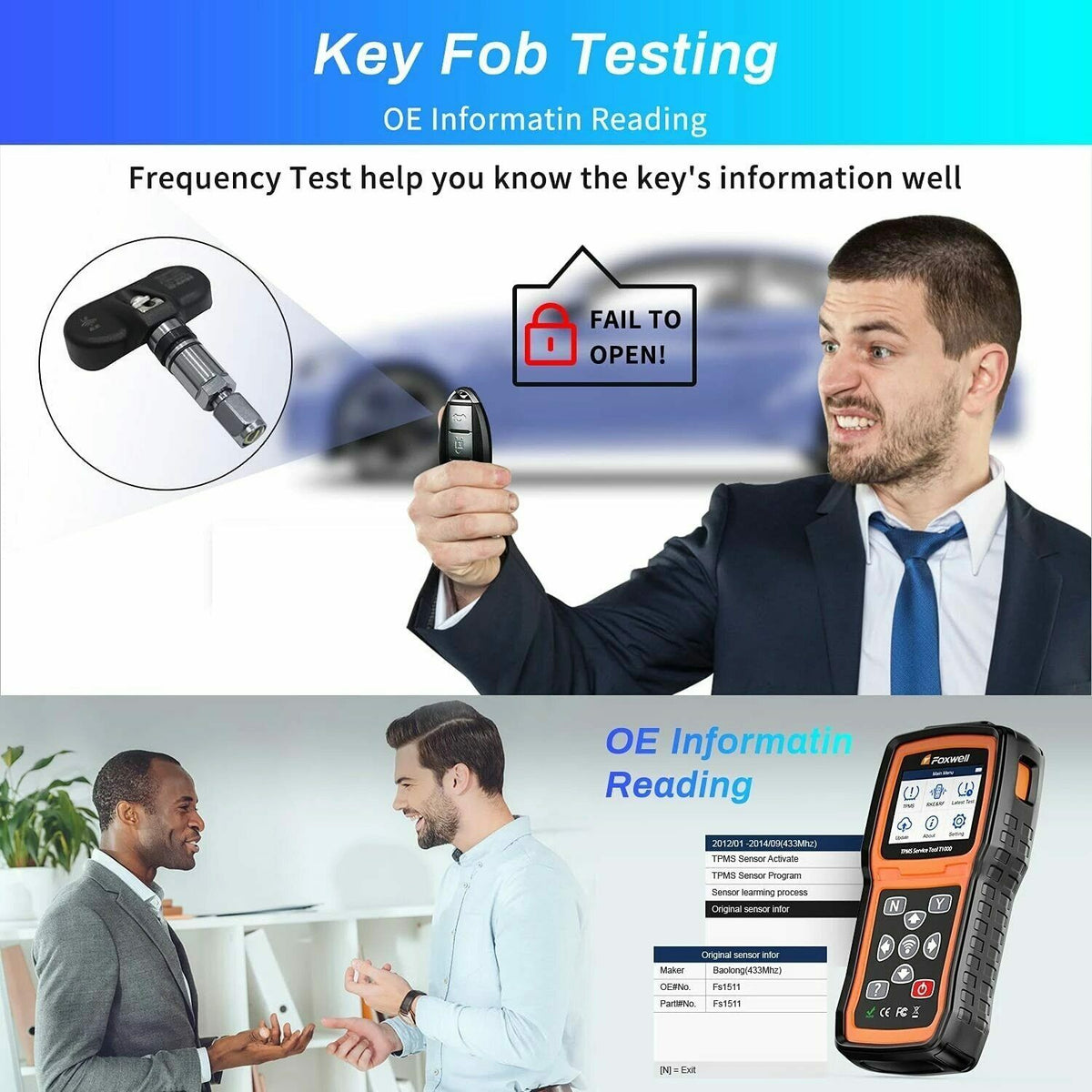 Foxwell T1000 TPMS Tool Programming Activate TPMS Sensors Check RF Key FOB Tire