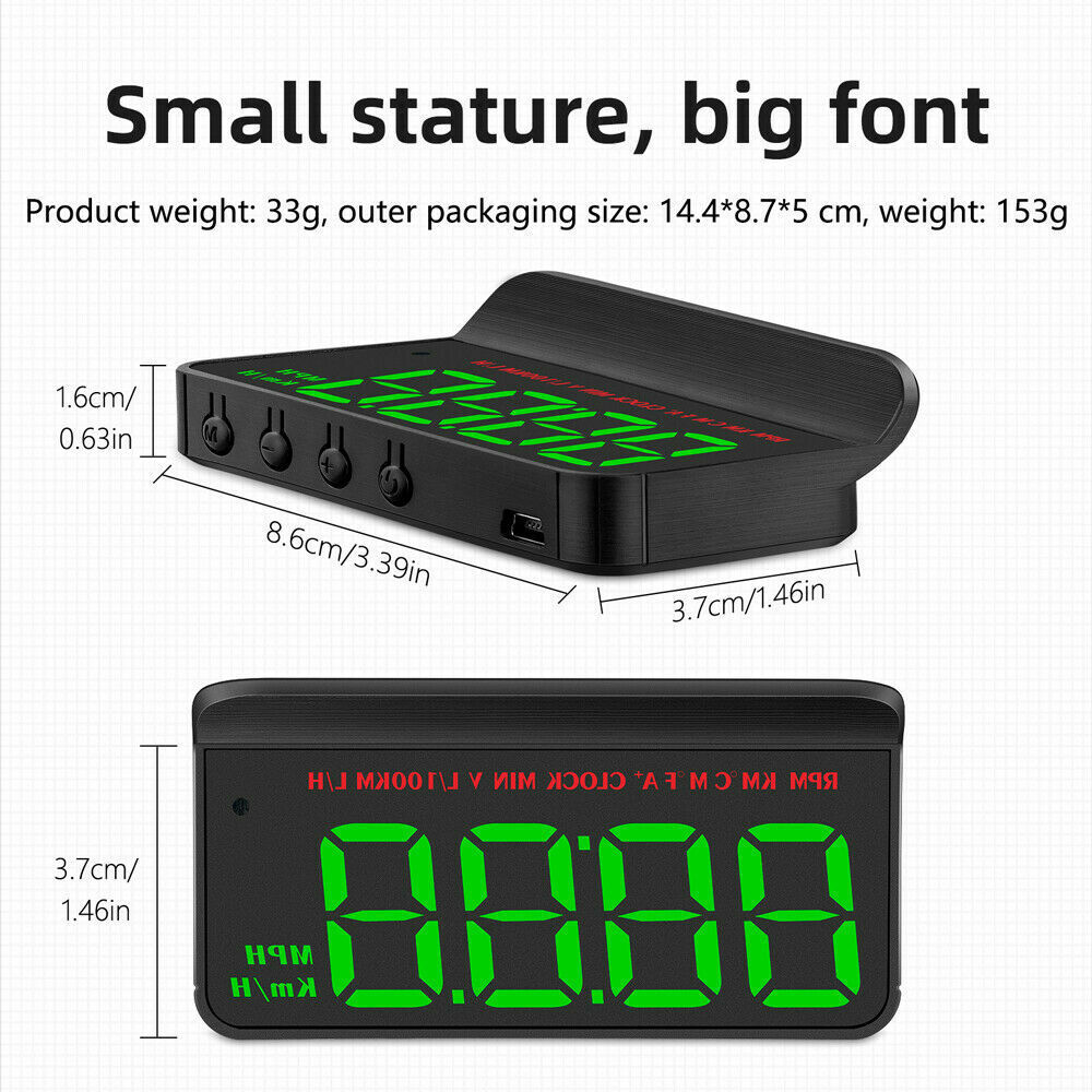 D Car HUD Head Up Display MPH/KM/h RPM Temp Speed Limit Alarm Digital Projector