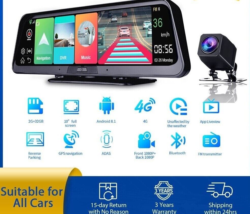 HUD Navigation 10' DashCam 4G WIFI GPS Tracking System ADAS Car DVR Mirror