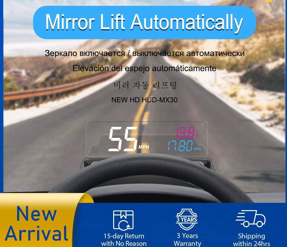 2023 Update Auto-Lift Mirror HUD MX30 Pro Large & Clear Font RPM Speed Projector Main image