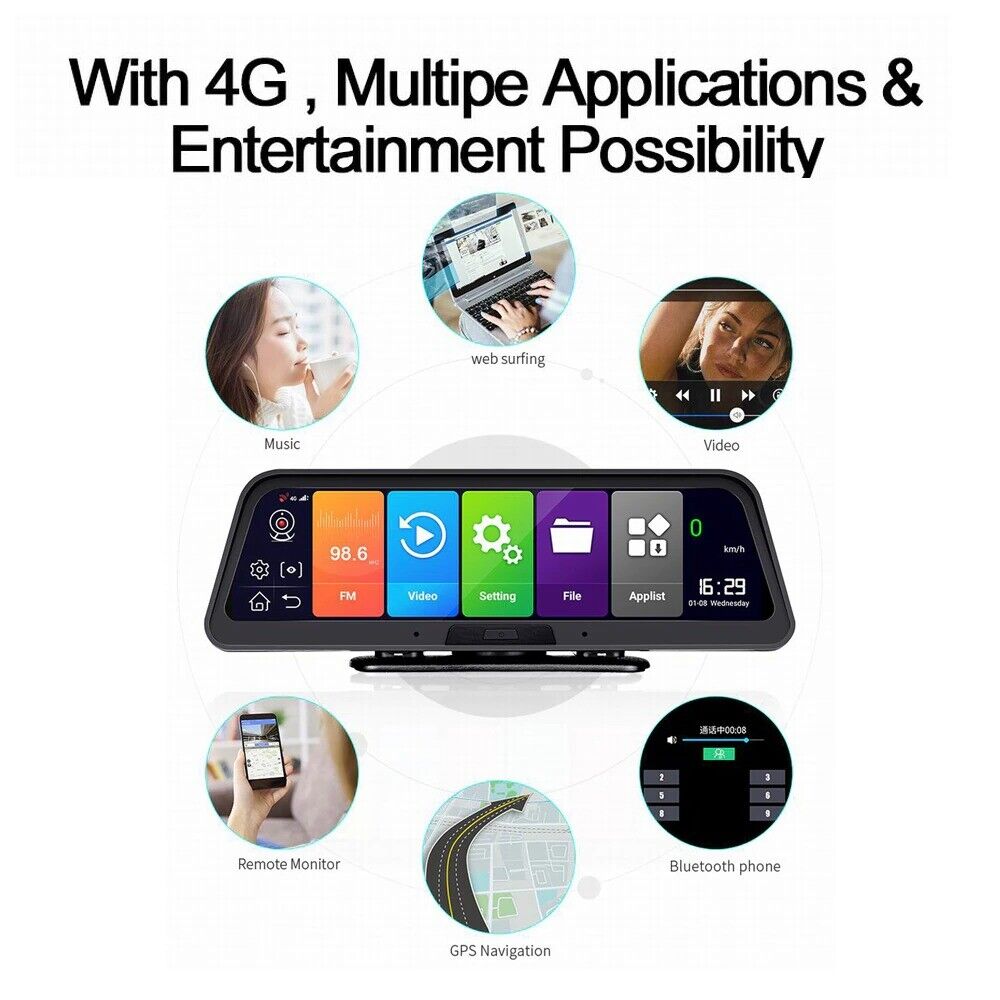 HUD Navigation 10' DashCam 4G WIFI GPS Tracking System ADAS Car DVR Mirror