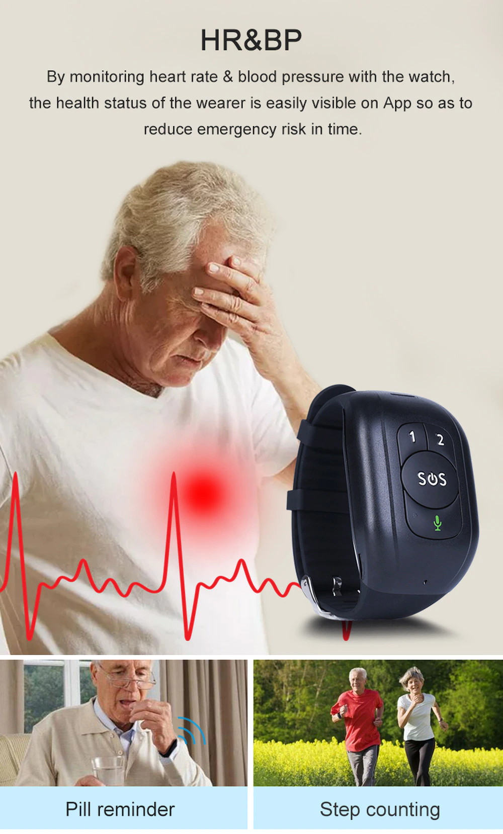 4G GPS Elderly/Senior Smart Bracelet Watch Tracker Blood Pressure