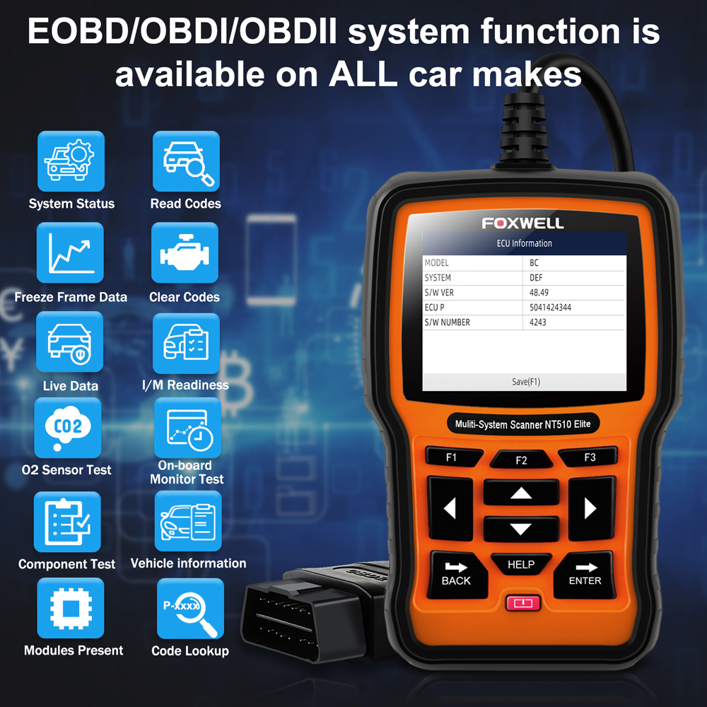 FOXWELL NT510 Full System OBD2 Auto Fault Code Reader Reset Diagnostic Scan Tool Fits DAEWOO