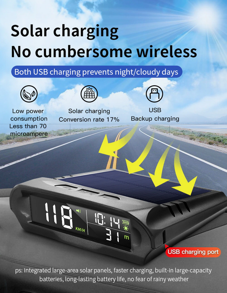 Wireless HUD HEAD-UP DISPLAY Car/Truck/Bus Solar Panel Digital Speedometer Universal GPS Speed Warning Alarm