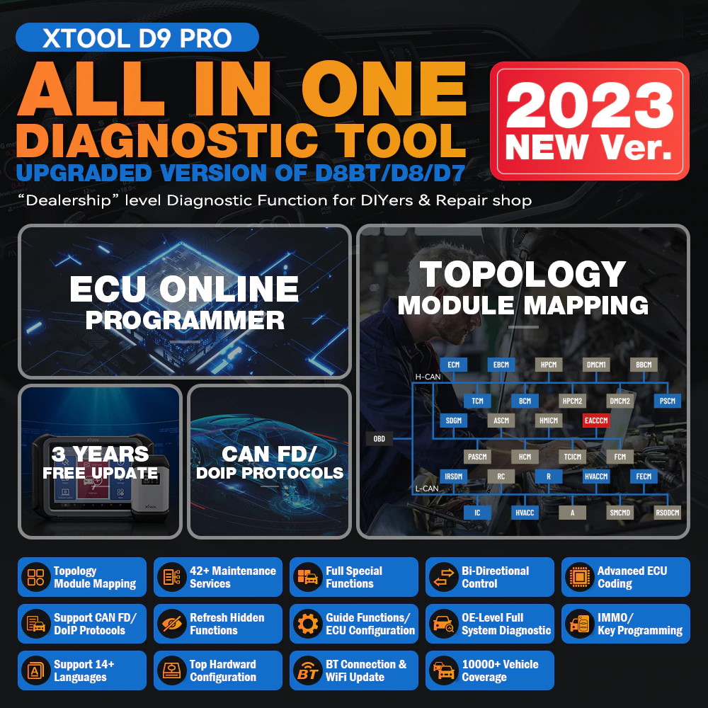 XTOOL D9 PRO Diagnostic Scan Tool With Topology Map CAN FD&DoIP Online ECU Programming&Coding Bi-Directional Control - Auto Lines Australia